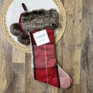 Thro by Marlo Lorenz Christmas Stocking Red Plaid with Faux Fur NEW w TAGS